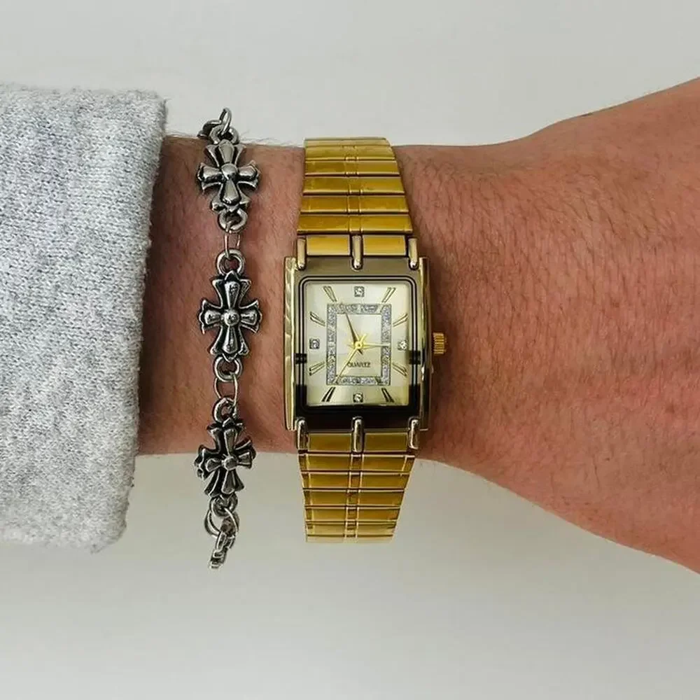 Y2K 2000s Gold Rectangle Quartz Watch Unisex Luxury Style 8.5” New